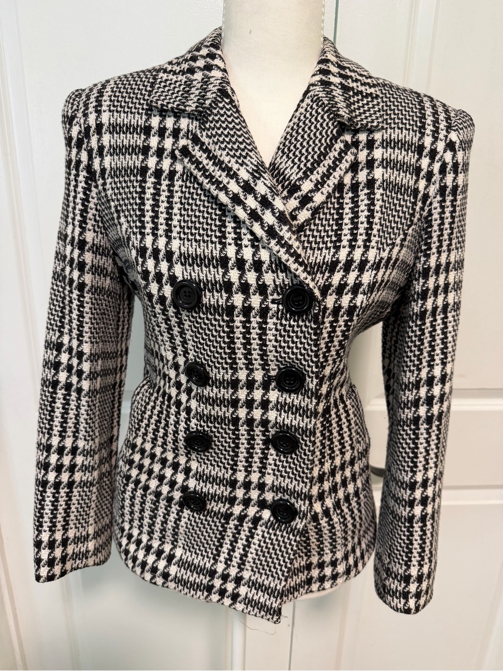 Express Black & White Houndstooth Double-Breasted Blazer Tweed Professional